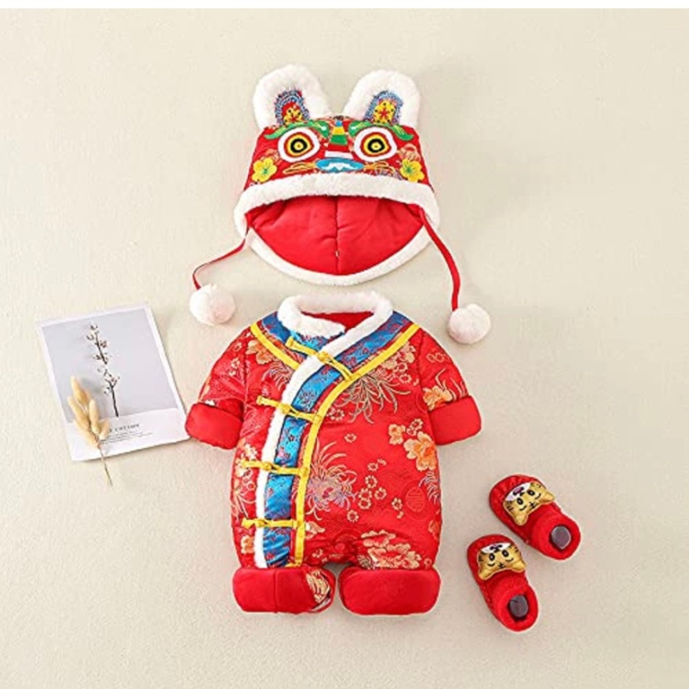 2024- 3 Pcs Chinese New Years Lunar Asian Tang Romper Outfit Suit with Hat and…